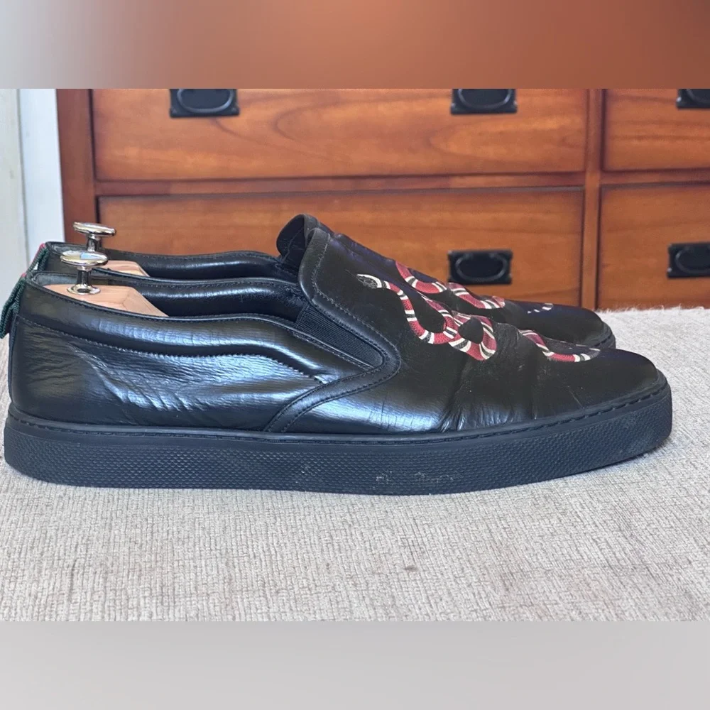 Gucci Snake Design Black Leather Men’s Slip-On Sneakers Size 12 G - Picture 10 of 13